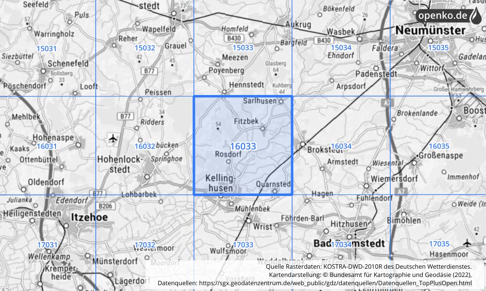 Übersichtskarte KOSTRA-DWD-2010R Rasterfeld Nr. 16033 mit angrenzenden Feldern