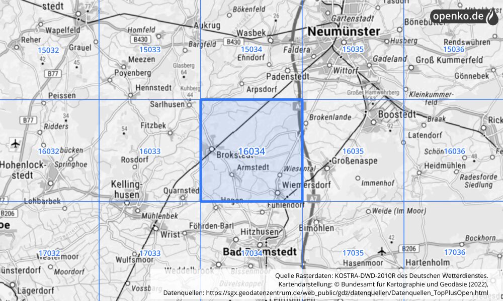 Übersichtskarte KOSTRA-DWD-2010R Rasterfeld Nr. 16034 mit angrenzenden Feldern