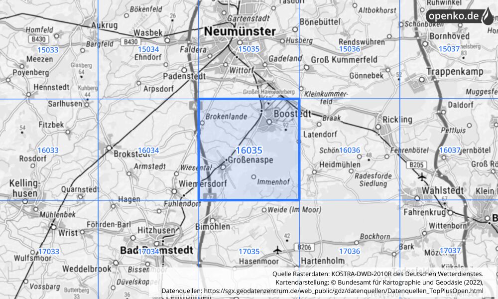 Übersichtskarte KOSTRA-DWD-2010R Rasterfeld Nr. 16035 mit angrenzenden Feldern