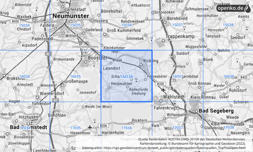 Übersichtskarte KOSTRA-DWD-2010R Rasterfeld Nr. 16036 mit angrenzenden Feldern