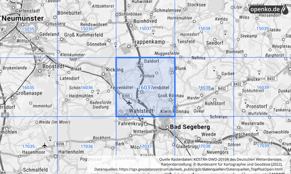 Übersichtskarte KOSTRA-DWD-2010R Rasterfeld Nr. 16037 mit angrenzenden Feldern