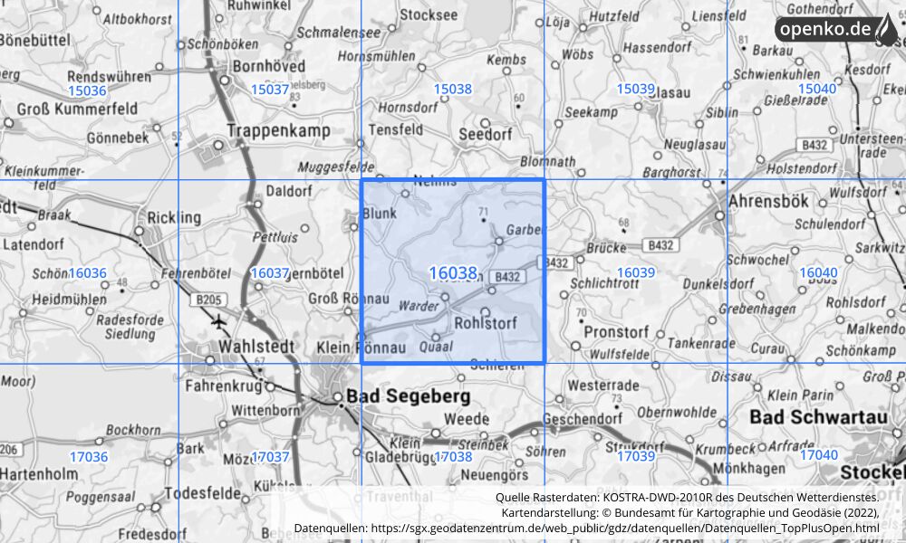 Übersichtskarte KOSTRA-DWD-2010R Rasterfeld Nr. 16038 mit angrenzenden Feldern