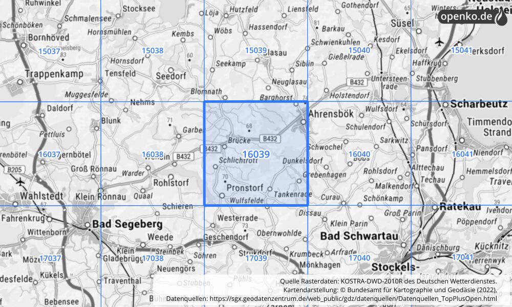 Übersichtskarte KOSTRA-DWD-2010R Rasterfeld Nr. 16039 mit angrenzenden Feldern