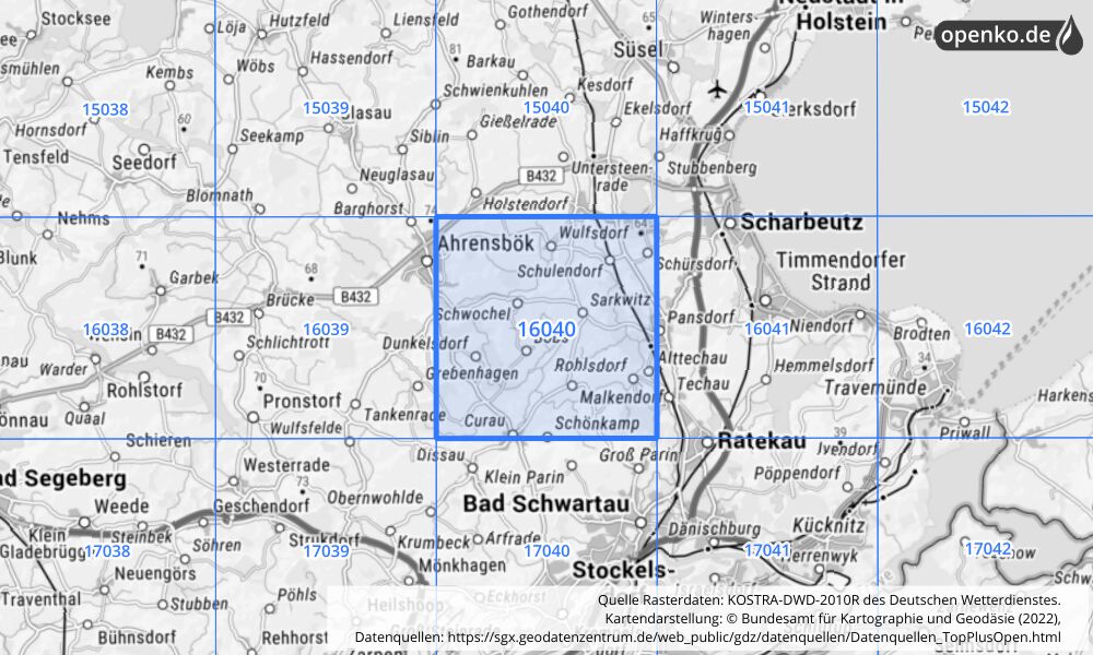 Übersichtskarte KOSTRA-DWD-2010R Rasterfeld Nr. 16040 mit angrenzenden Feldern