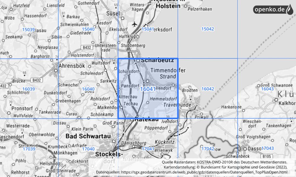 Übersichtskarte KOSTRA-DWD-2010R Rasterfeld Nr. 16041 mit angrenzenden Feldern