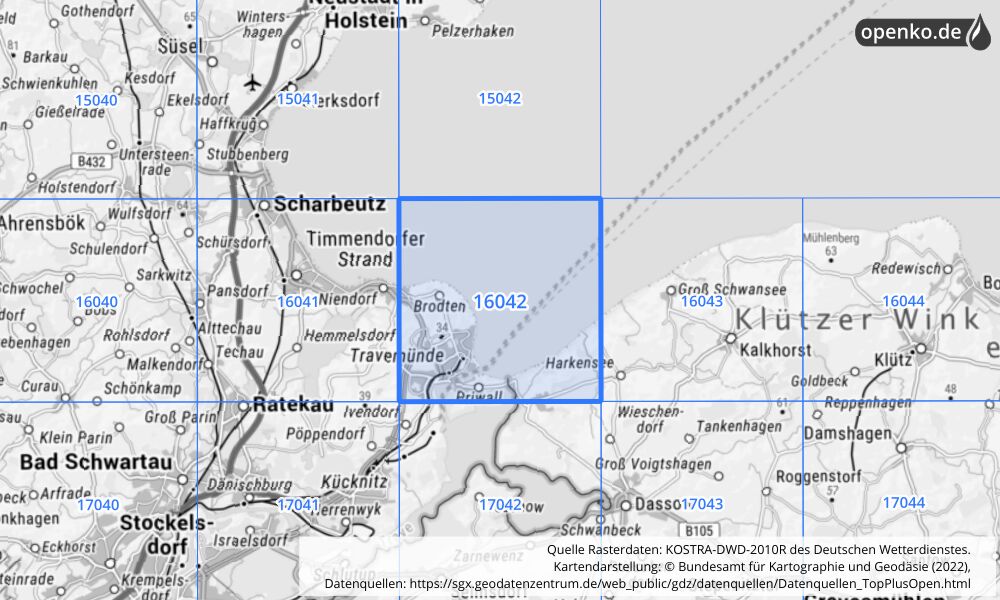 Übersichtskarte KOSTRA-DWD-2010R Rasterfeld Nr. 16042 mit angrenzenden Feldern