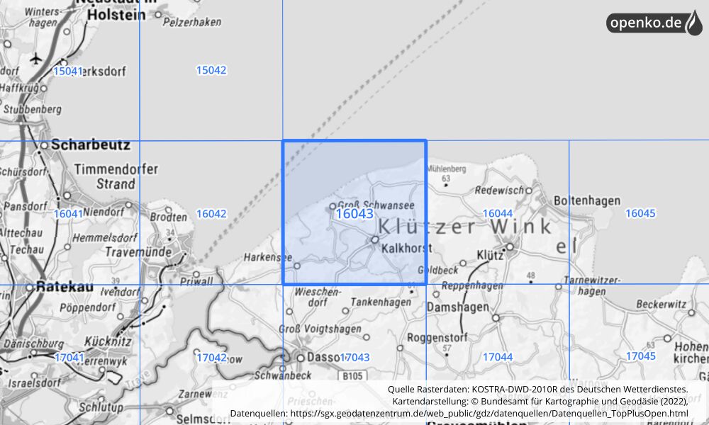 Übersichtskarte KOSTRA-DWD-2010R Rasterfeld Nr. 16043 mit angrenzenden Feldern