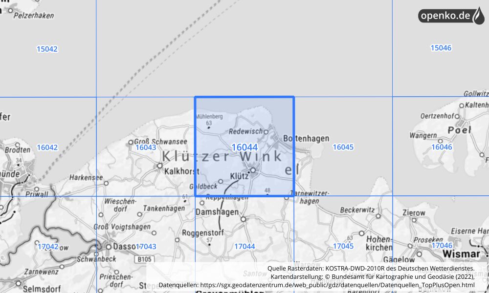 Übersichtskarte KOSTRA-DWD-2010R Rasterfeld Nr. 16044 mit angrenzenden Feldern