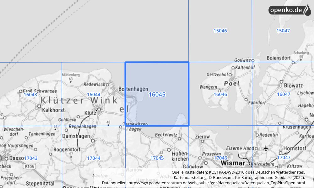 Übersichtskarte KOSTRA-DWD-2010R Rasterfeld Nr. 16045 mit angrenzenden Feldern