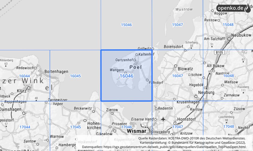 Übersichtskarte KOSTRA-DWD-2010R Rasterfeld Nr. 16046 mit angrenzenden Feldern