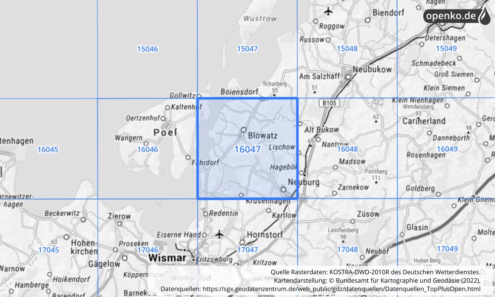 Übersichtskarte KOSTRA-DWD-2010R Rasterfeld Nr. 16047 mit angrenzenden Feldern