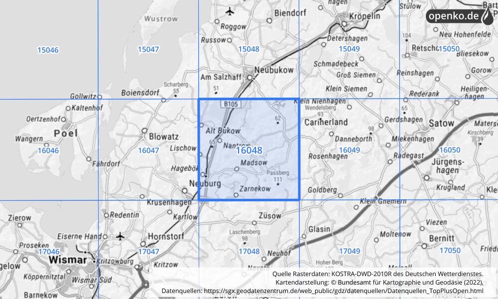 Übersichtskarte KOSTRA-DWD-2010R Rasterfeld Nr. 16048 mit angrenzenden Feldern