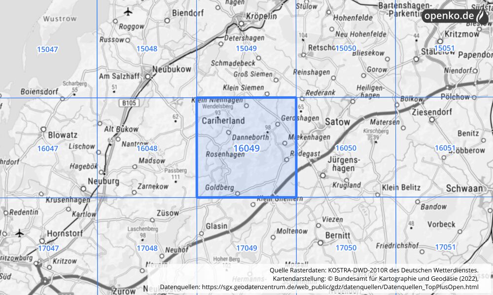 Übersichtskarte KOSTRA-DWD-2010R Rasterfeld Nr. 16049 mit angrenzenden Feldern