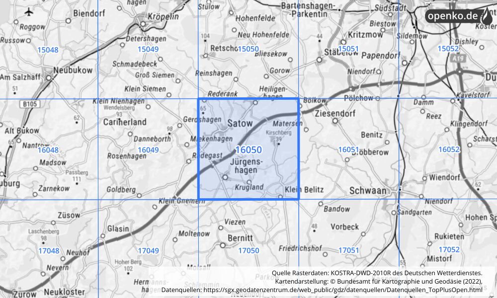 Übersichtskarte KOSTRA-DWD-2010R Rasterfeld Nr. 16050 mit angrenzenden Feldern