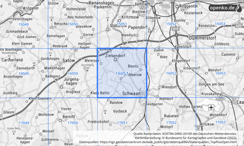 Übersichtskarte KOSTRA-DWD-2010R Rasterfeld Nr. 16051 mit angrenzenden Feldern