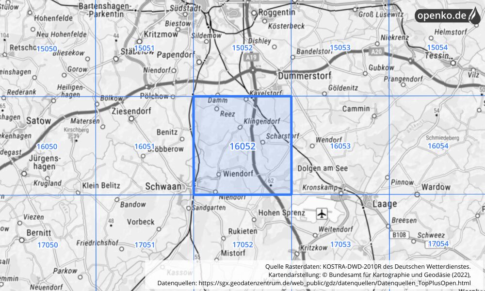 Übersichtskarte KOSTRA-DWD-2010R Rasterfeld Nr. 16052 mit angrenzenden Feldern