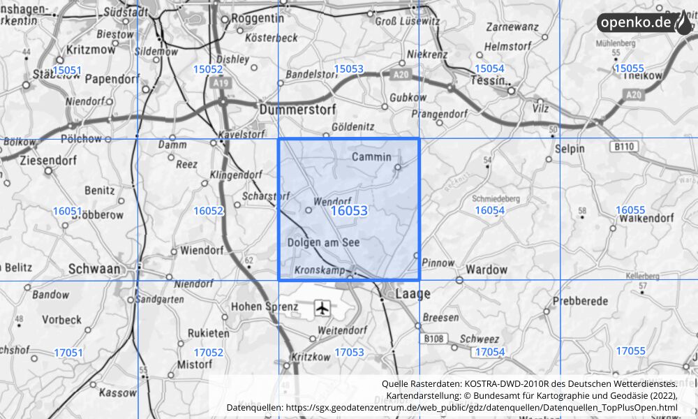 Übersichtskarte KOSTRA-DWD-2010R Rasterfeld Nr. 16053 mit angrenzenden Feldern