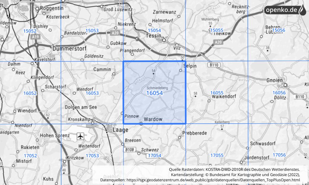 Übersichtskarte KOSTRA-DWD-2010R Rasterfeld Nr. 16054 mit angrenzenden Feldern