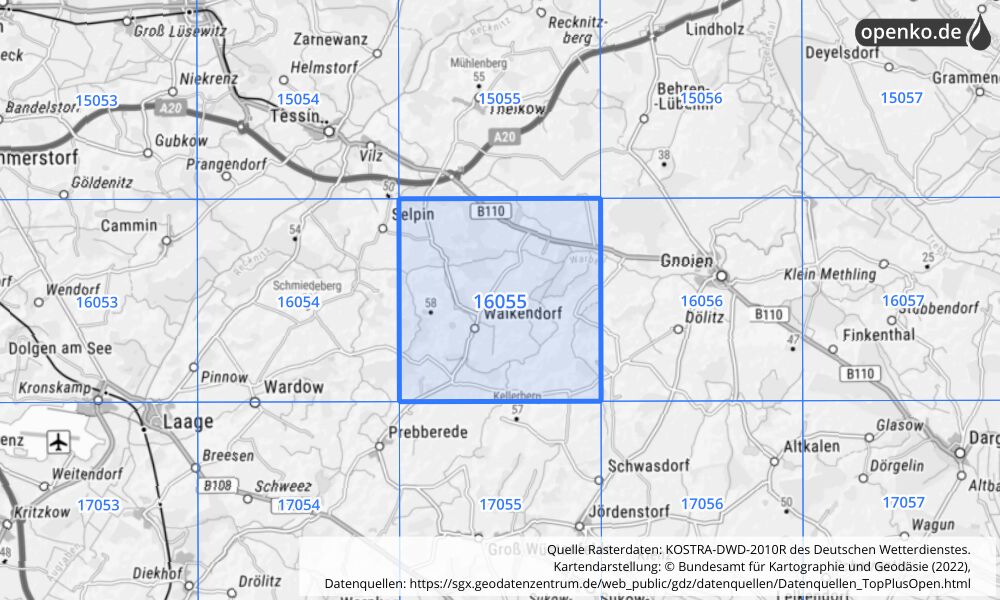 Übersichtskarte KOSTRA-DWD-2010R Rasterfeld Nr. 16055 mit angrenzenden Feldern