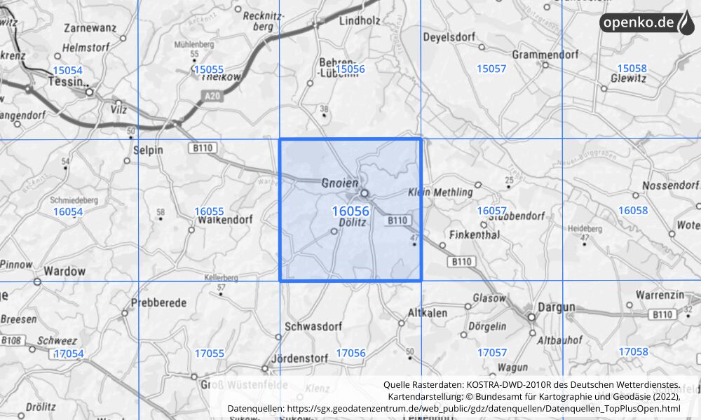 Übersichtskarte KOSTRA-DWD-2010R Rasterfeld Nr. 16056 mit angrenzenden Feldern