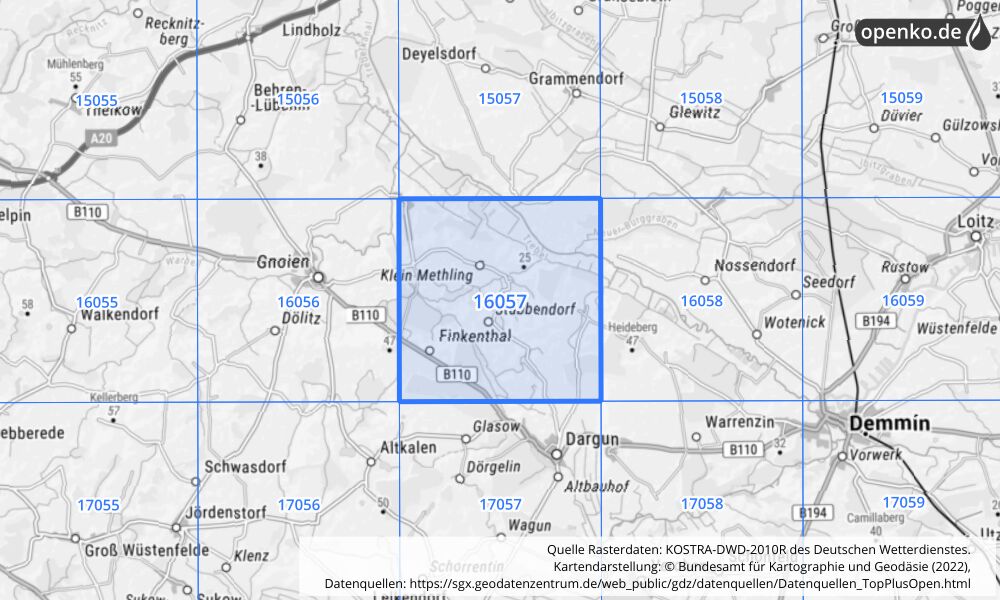 Übersichtskarte KOSTRA-DWD-2010R Rasterfeld Nr. 16057 mit angrenzenden Feldern