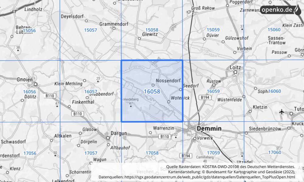 Übersichtskarte KOSTRA-DWD-2010R Rasterfeld Nr. 16058 mit angrenzenden Feldern