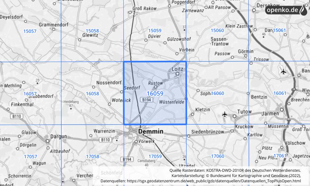 Übersichtskarte KOSTRA-DWD-2010R Rasterfeld Nr. 16059 mit angrenzenden Feldern
