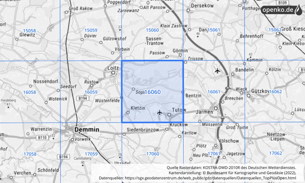 Übersichtskarte KOSTRA-DWD-2010R Rasterfeld Nr. 16060 mit angrenzenden Feldern
