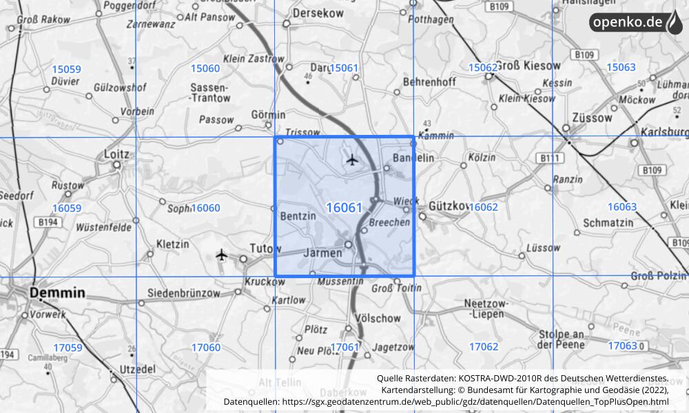 Übersichtskarte KOSTRA-DWD-2010R Rasterfeld Nr. 16061 mit angrenzenden Feldern