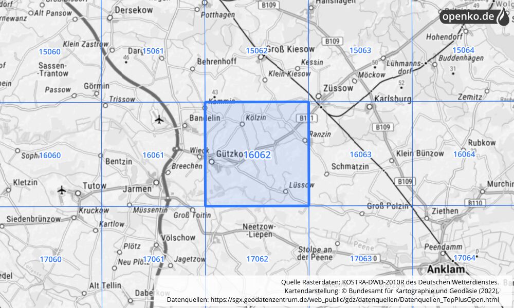 Übersichtskarte KOSTRA-DWD-2010R Rasterfeld Nr. 16062 mit angrenzenden Feldern