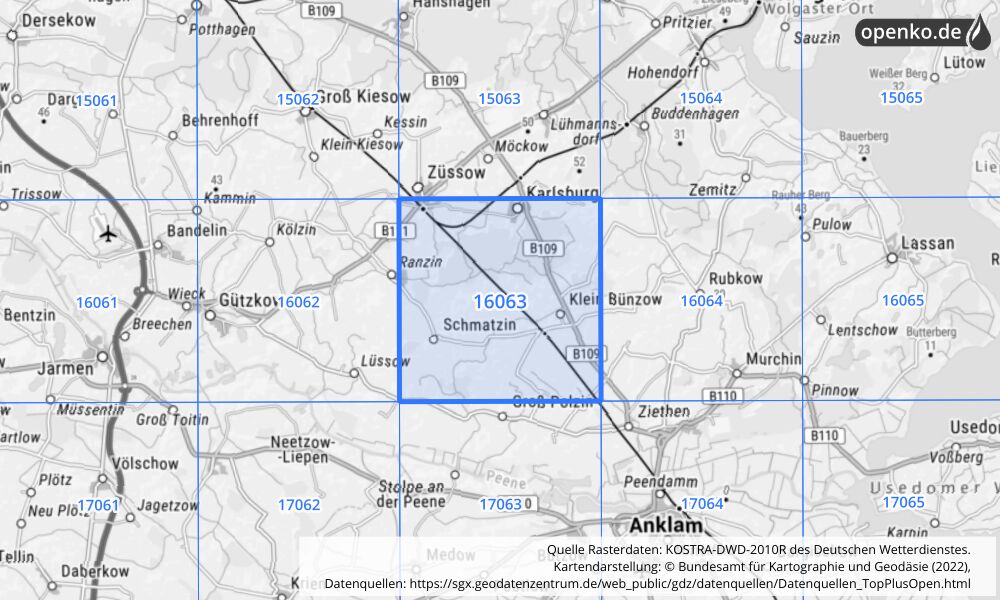 Übersichtskarte KOSTRA-DWD-2010R Rasterfeld Nr. 16063 mit angrenzenden Feldern