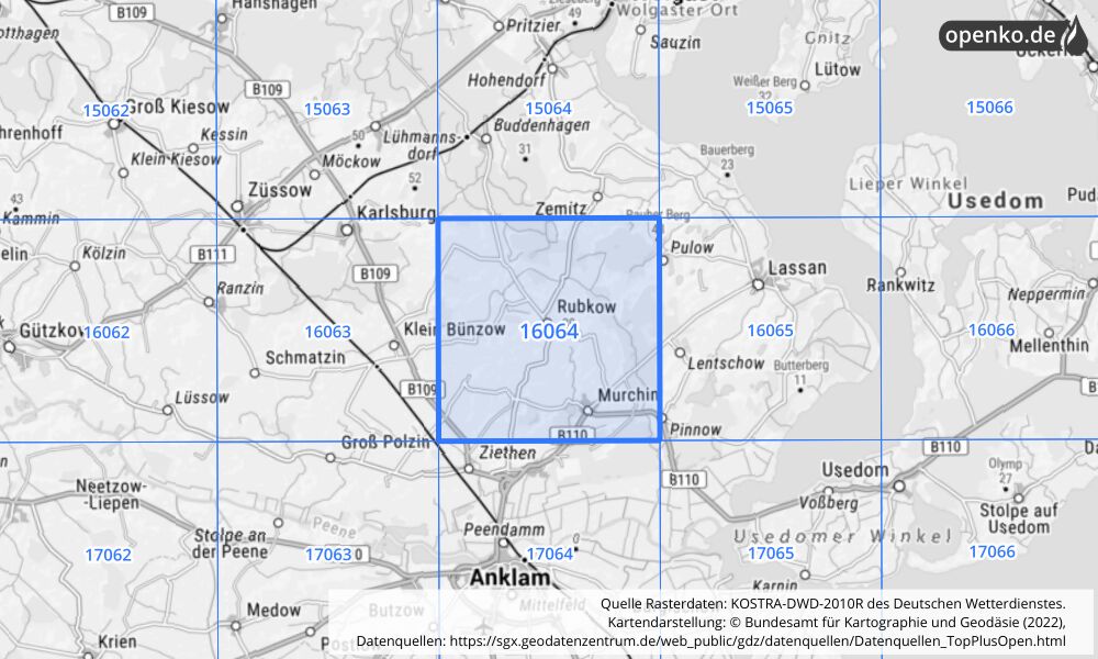Übersichtskarte KOSTRA-DWD-2010R Rasterfeld Nr. 16064 mit angrenzenden Feldern