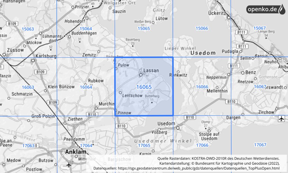 Übersichtskarte KOSTRA-DWD-2010R Rasterfeld Nr. 16065 mit angrenzenden Feldern