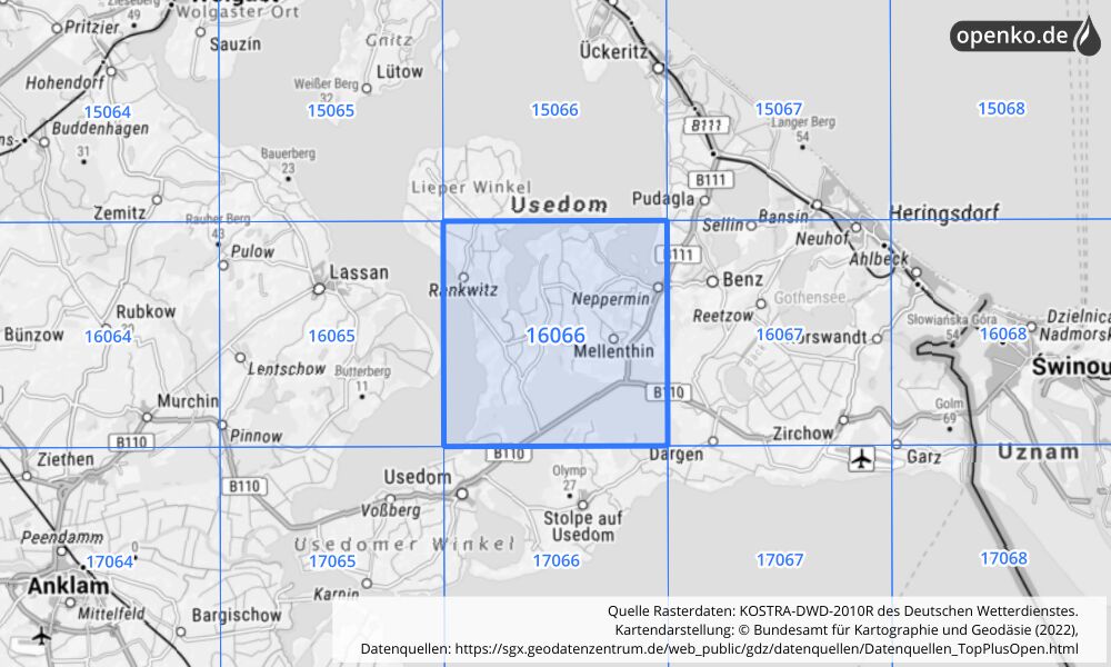 Übersichtskarte KOSTRA-DWD-2010R Rasterfeld Nr. 16066 mit angrenzenden Feldern