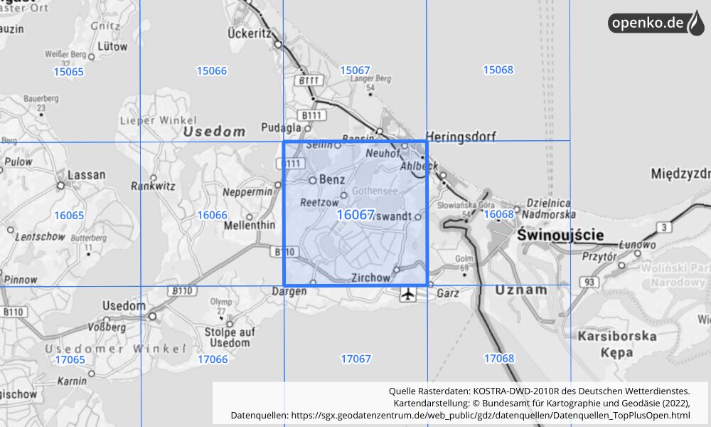 Übersichtskarte KOSTRA-DWD-2010R Rasterfeld Nr. 16067 mit angrenzenden Feldern