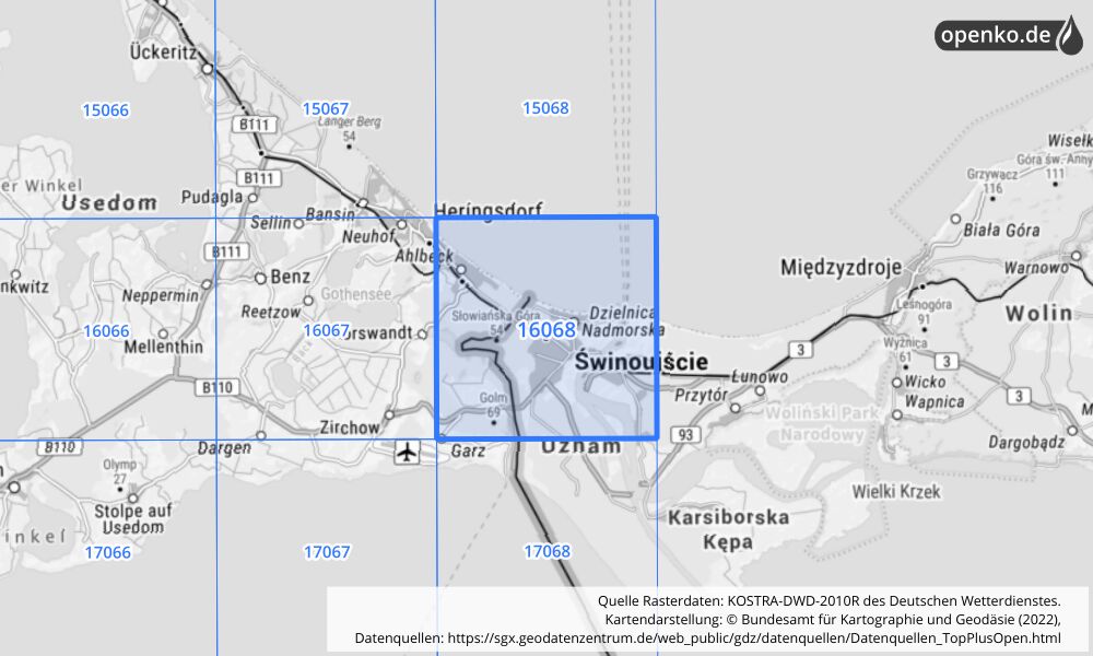 Übersichtskarte KOSTRA-DWD-2010R Rasterfeld Nr. 16068 mit angrenzenden Feldern