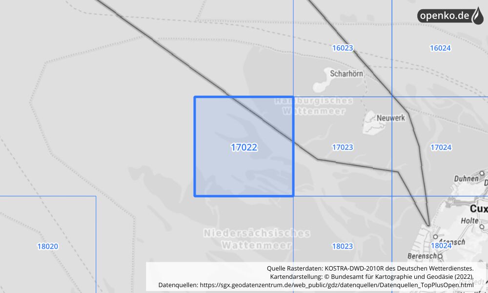 Übersichtskarte KOSTRA-DWD-2010R Rasterfeld Nr. 17022 mit angrenzenden Feldern