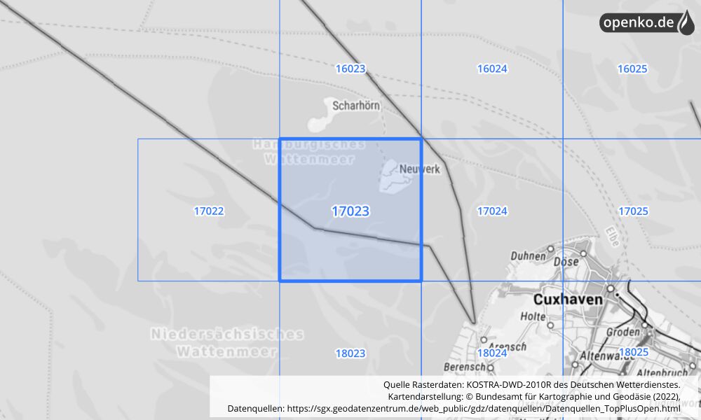 Übersichtskarte KOSTRA-DWD-2010R Rasterfeld Nr. 17023 mit angrenzenden Feldern