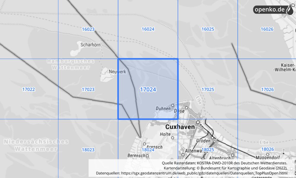 Übersichtskarte KOSTRA-DWD-2010R Rasterfeld Nr. 17024 mit angrenzenden Feldern