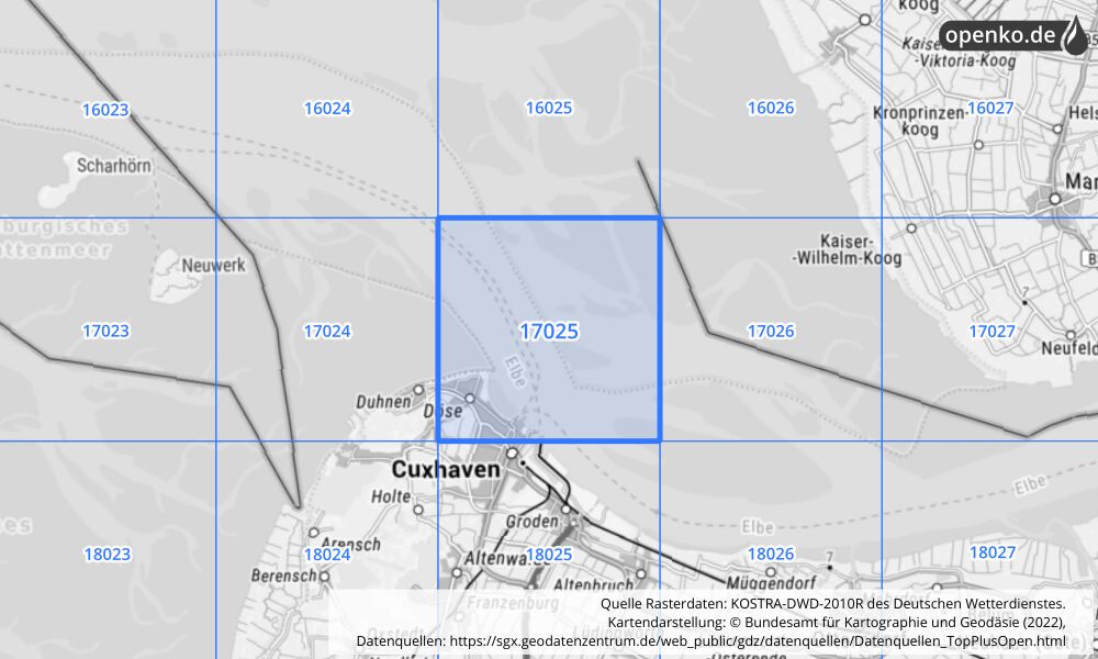 Übersichtskarte KOSTRA-DWD-2010R Rasterfeld Nr. 17025 mit angrenzenden Feldern