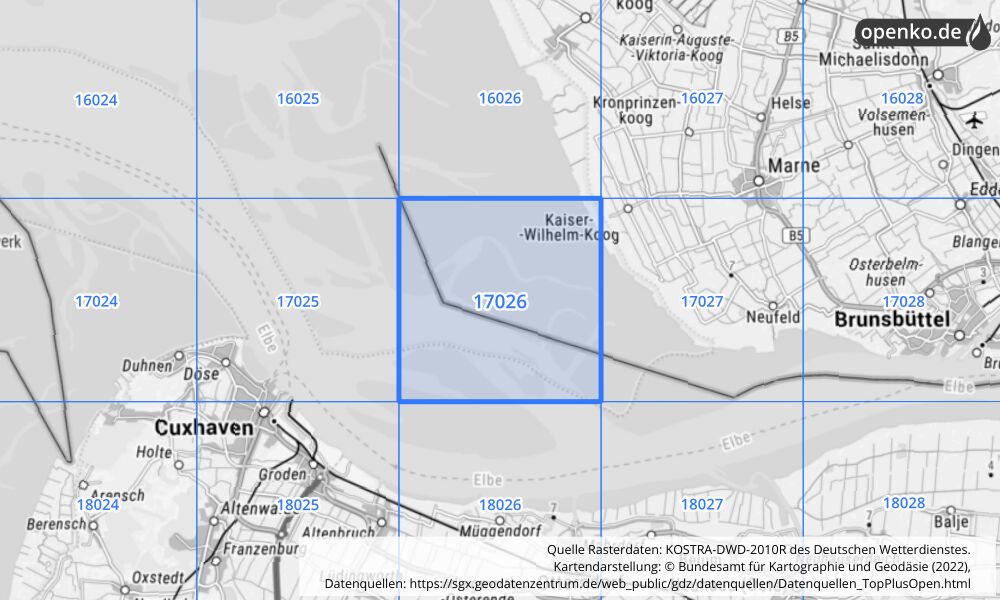 Übersichtskarte KOSTRA-DWD-2010R Rasterfeld Nr. 17026 mit angrenzenden Feldern