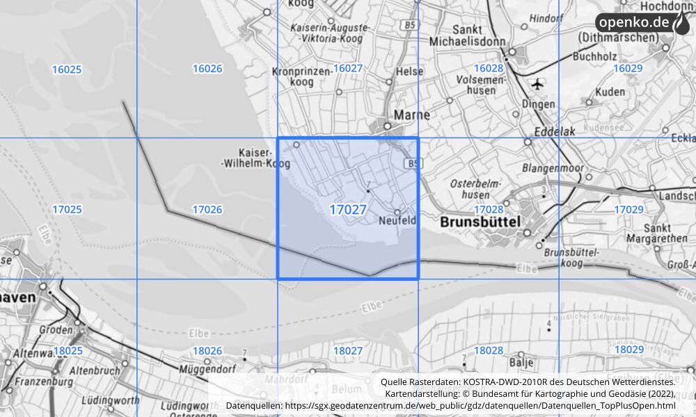 Übersichtskarte KOSTRA-DWD-2010R Rasterfeld Nr. 17027 mit angrenzenden Feldern