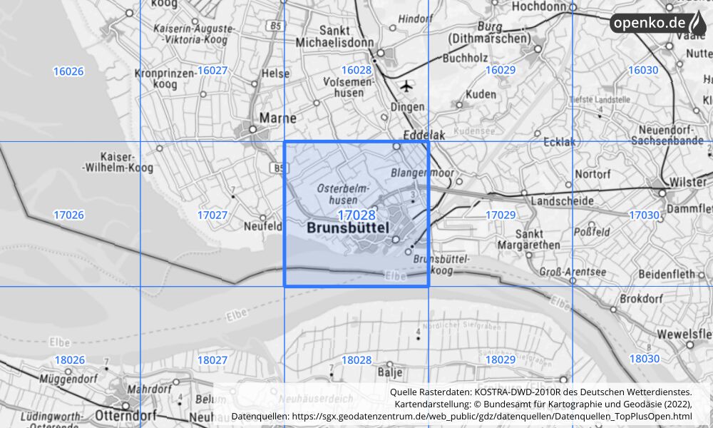 Übersichtskarte KOSTRA-DWD-2010R Rasterfeld Nr. 17028 mit angrenzenden Feldern