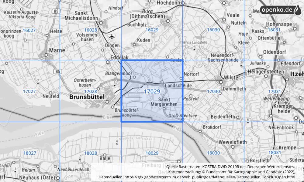 Übersichtskarte KOSTRA-DWD-2010R Rasterfeld Nr. 17029 mit angrenzenden Feldern