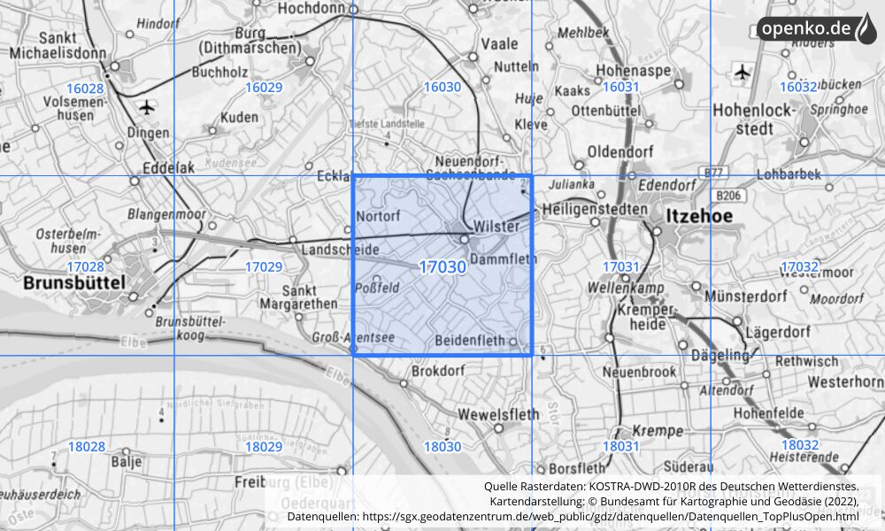 Übersichtskarte KOSTRA-DWD-2010R Rasterfeld Nr. 17030 mit angrenzenden Feldern