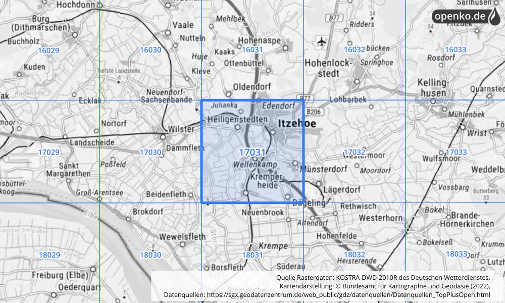 Übersichtskarte KOSTRA-DWD-2010R Rasterfeld Nr. 17031 mit angrenzenden Feldern