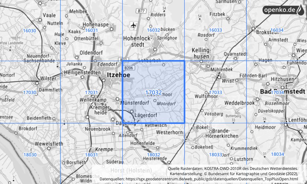 Übersichtskarte KOSTRA-DWD-2010R Rasterfeld Nr. 17032 mit angrenzenden Feldern