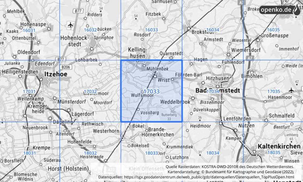 Übersichtskarte KOSTRA-DWD-2010R Rasterfeld Nr. 17033 mit angrenzenden Feldern