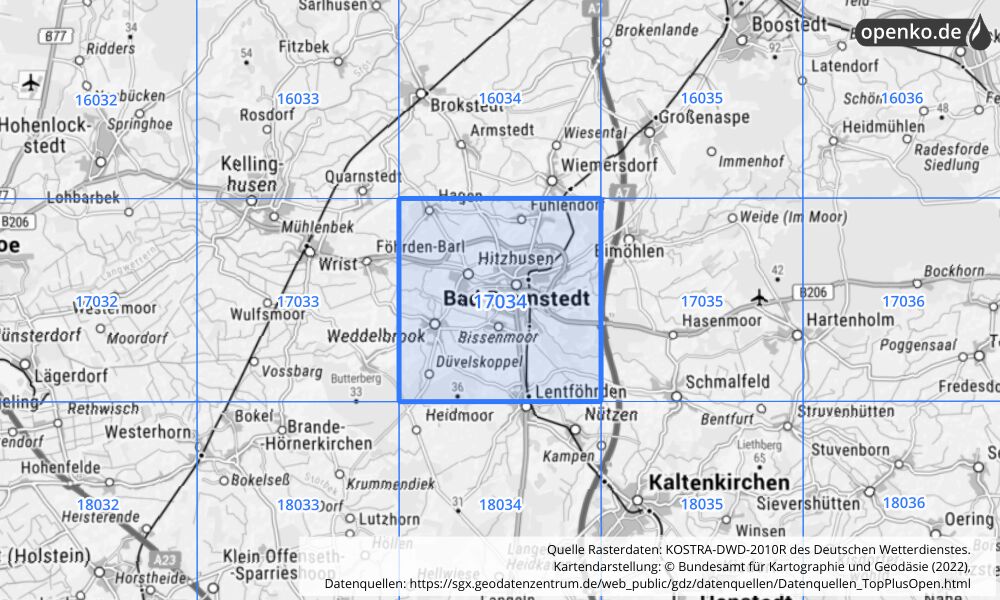 Übersichtskarte KOSTRA-DWD-2010R Rasterfeld Nr. 17034 mit angrenzenden Feldern