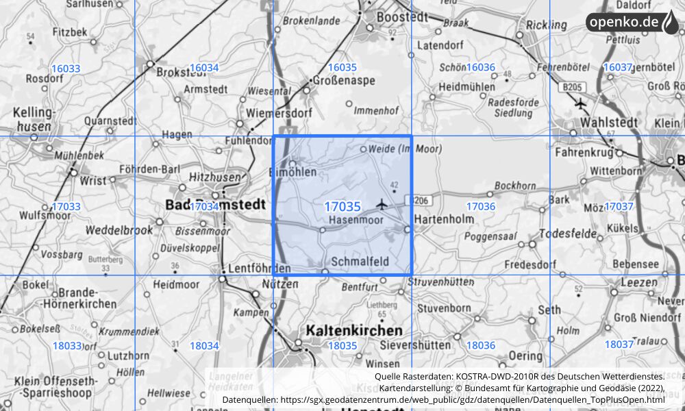 Übersichtskarte KOSTRA-DWD-2010R Rasterfeld Nr. 17035 mit angrenzenden Feldern